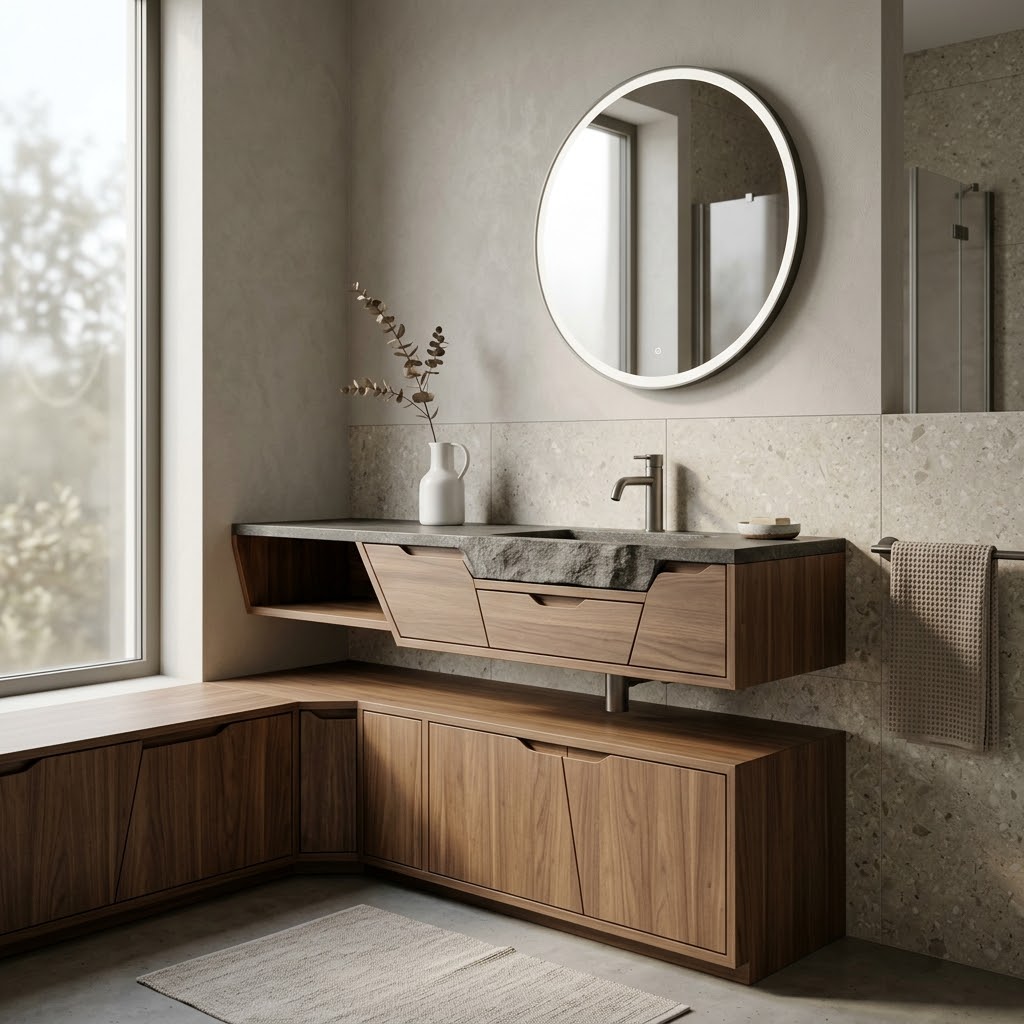 Встроенная мебель для ванной из ЛДСП и шпона