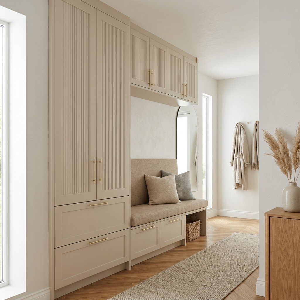 Встроенная прихожая с мягкой скамьей и антресолью в эмали