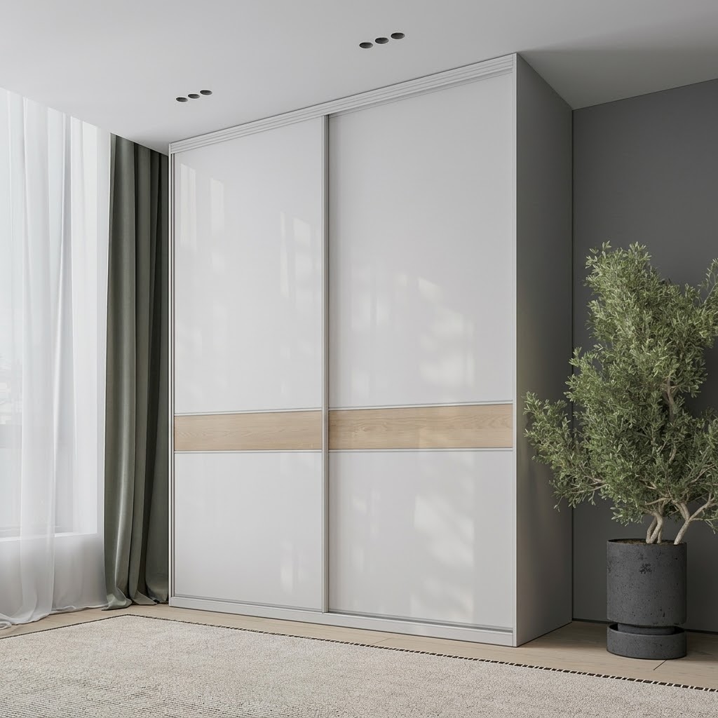 Белый шкаф-купе с древесной вставкой и раздвижными дверями